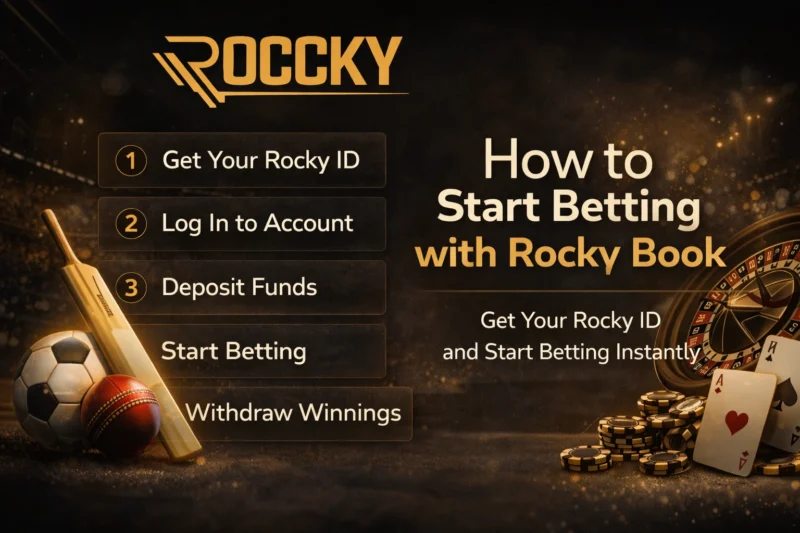 How to start betting on Rocky Book showing ID creation, login, deposit, and play steps