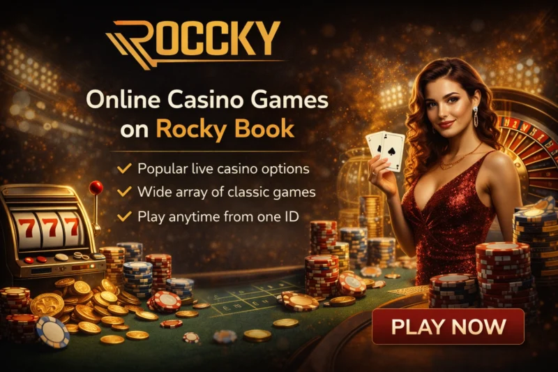 Online casino games on Rocky Book with live dealer, slots, cards and roulette games