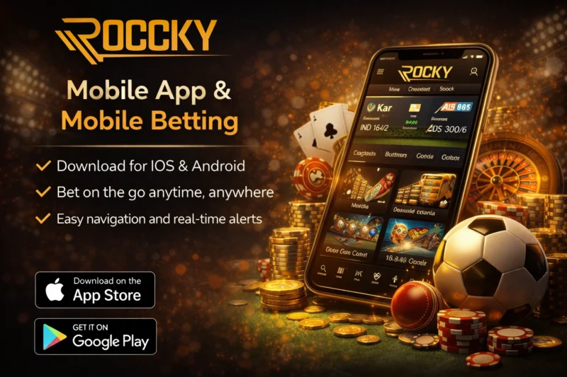 Rocky Book mobile app showing easy mobile betting on Android and iOS