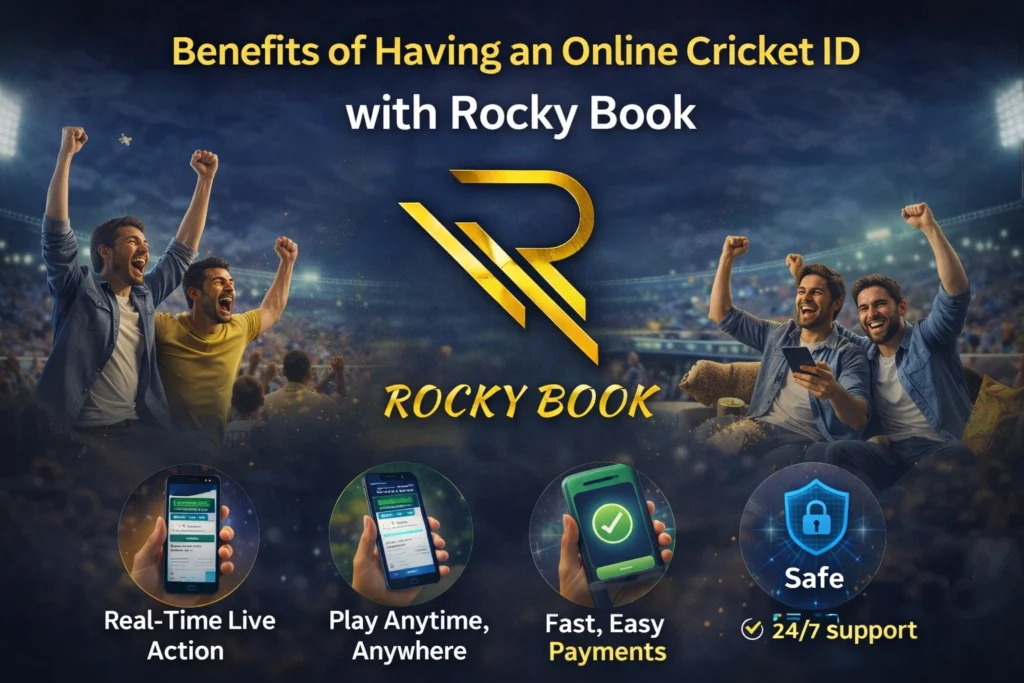Benefits of Rocky Book online cricket ID showing live match updates, mobile access, fast payments and secure platform