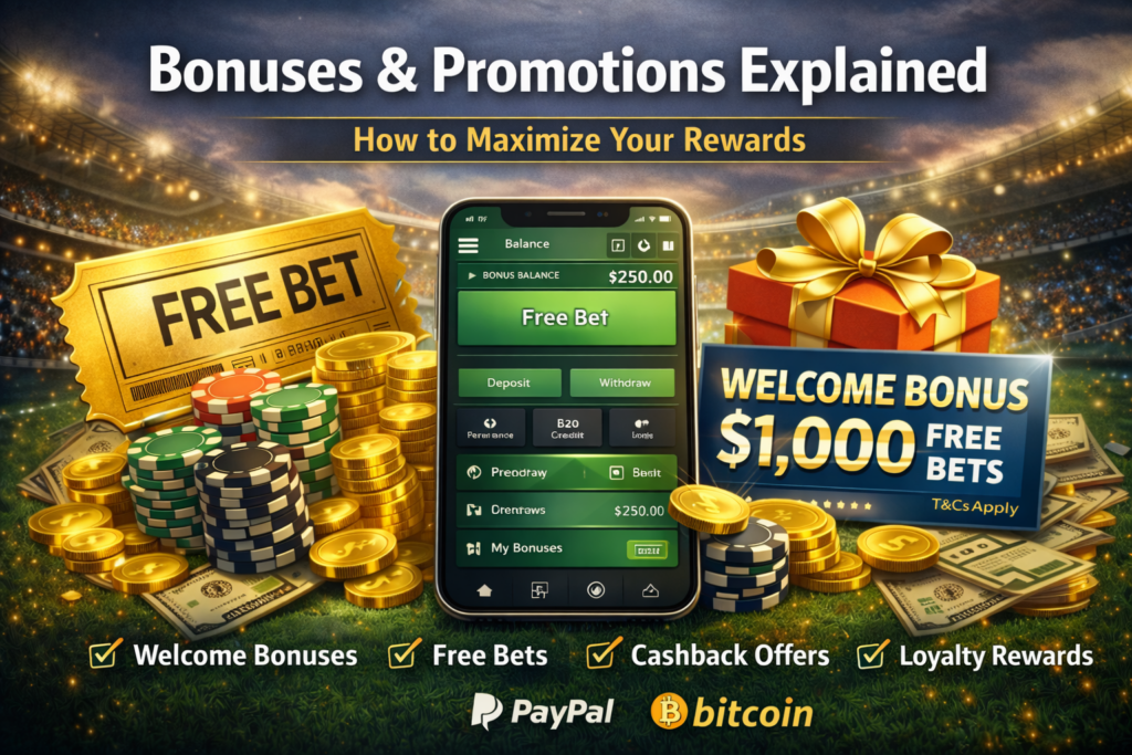 Online betting bonuses including free bets, welcome offers and cashback promotions on sportsbook app