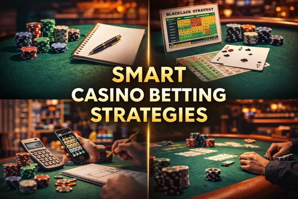Casino betting strategies with poker chips, blackjack chart, notebook and budget planning tools