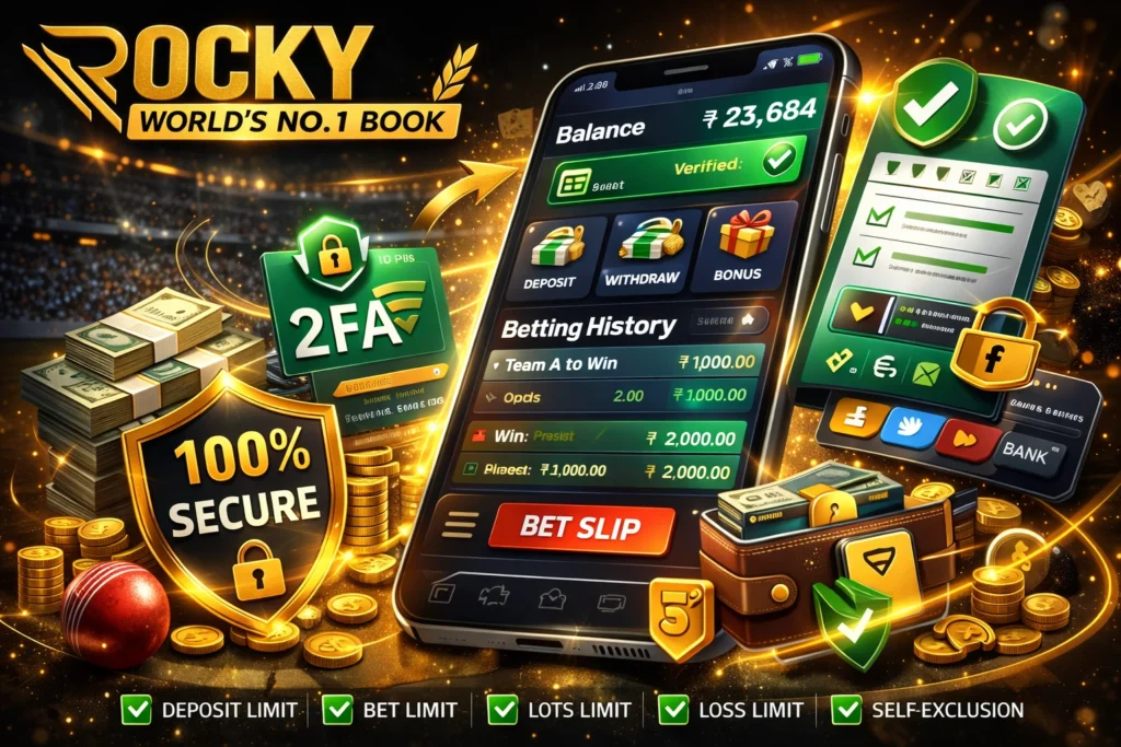 ROCKY secure betting account dashboard showing deposit, withdraw and KYC verification