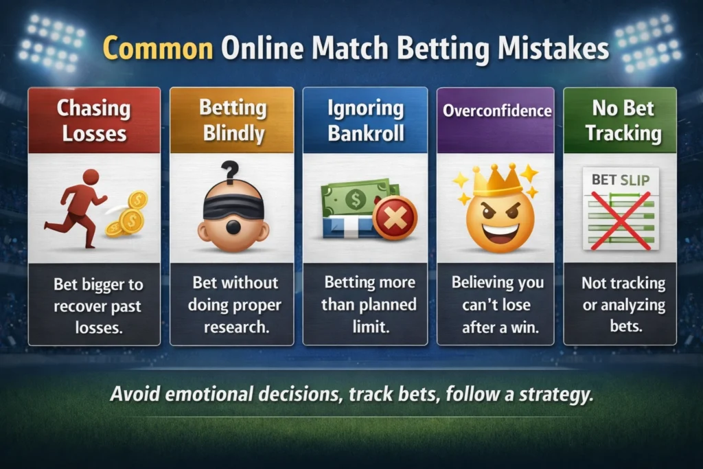 Common online match betting mistakes infographic showing emotional betting and chasing losses errors