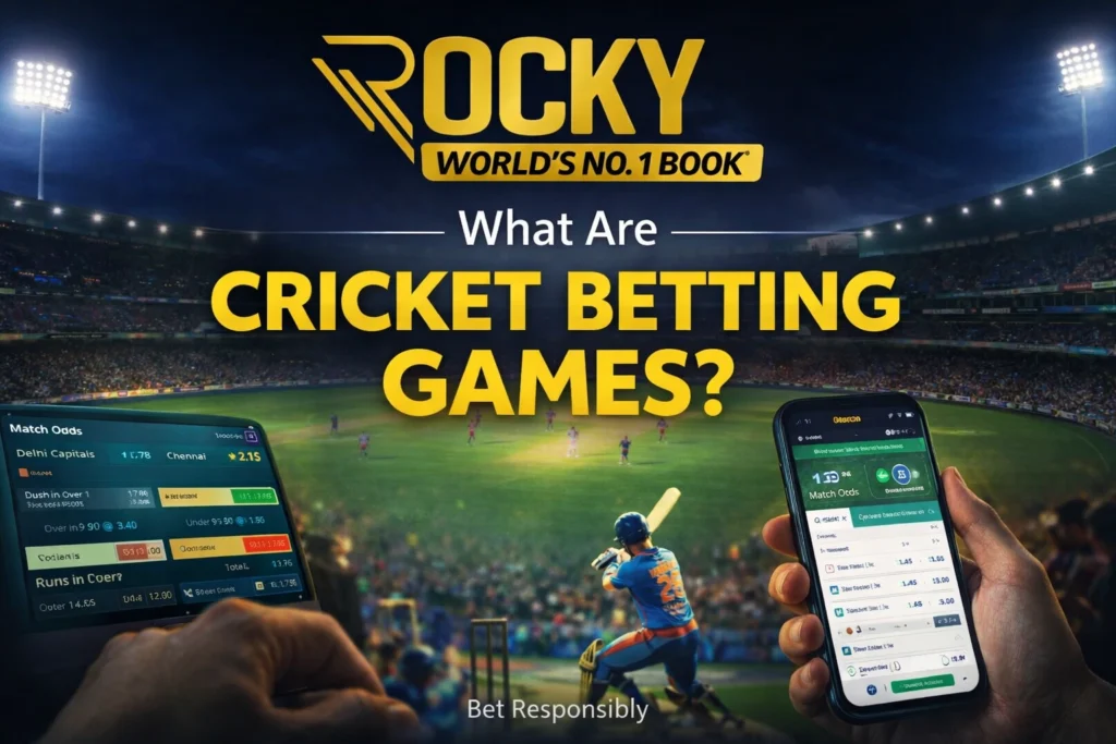 Rocky World’s No.1 Book Betting Games Cricket banner with live cricket match and betting odds