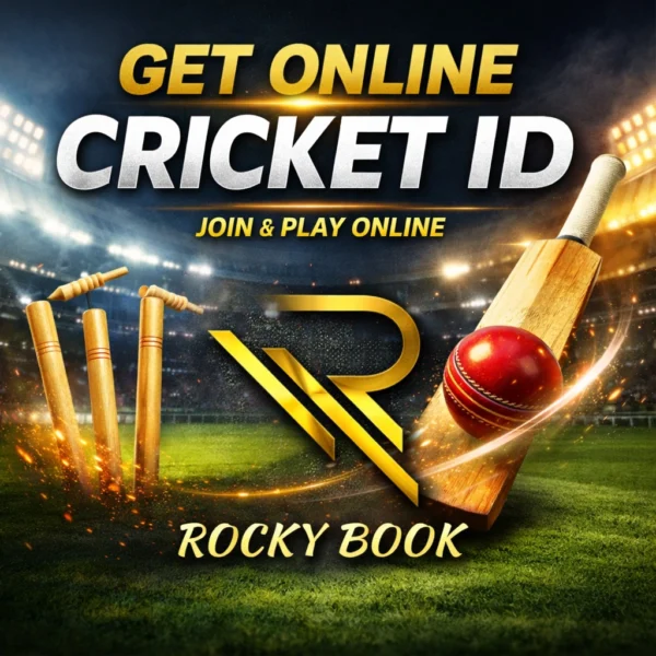 Get Online Cricket ID Rocky Book promotional cricket banner with bat ball and stadium background