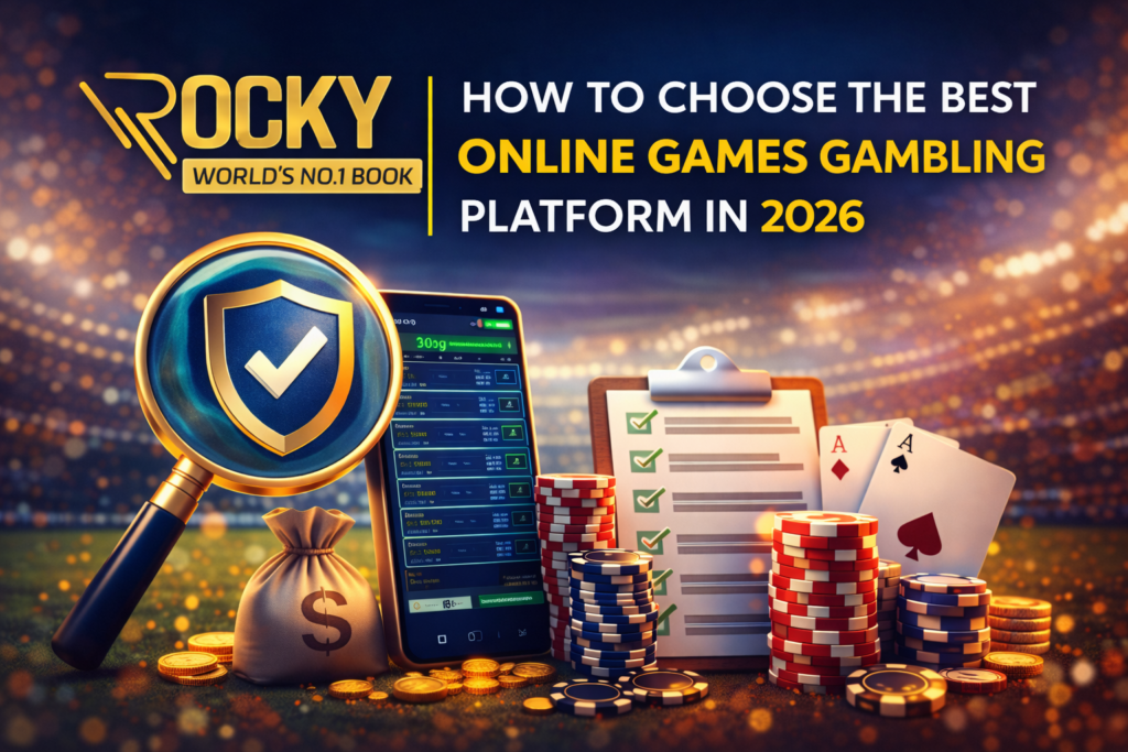 Online Games Gambling 2026 platform selection guide banner with ROCKY logo, secure betting app, casino chips and safety shield concept