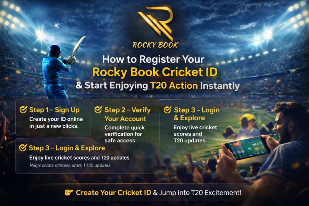 Rocky Book Cricket ID registration banner showing user signing up on mobile with live T20 World Cup cricket scores