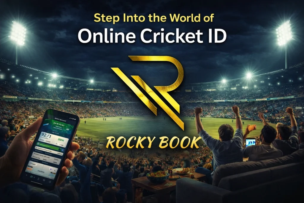 Rocky Book online cricket ID platform banner with live cricket stadium and mobile app