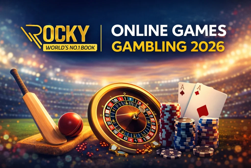 Online Games Gambling 2026 guide banner with ROCKY World’s No.1 Book logo and digital betting theme