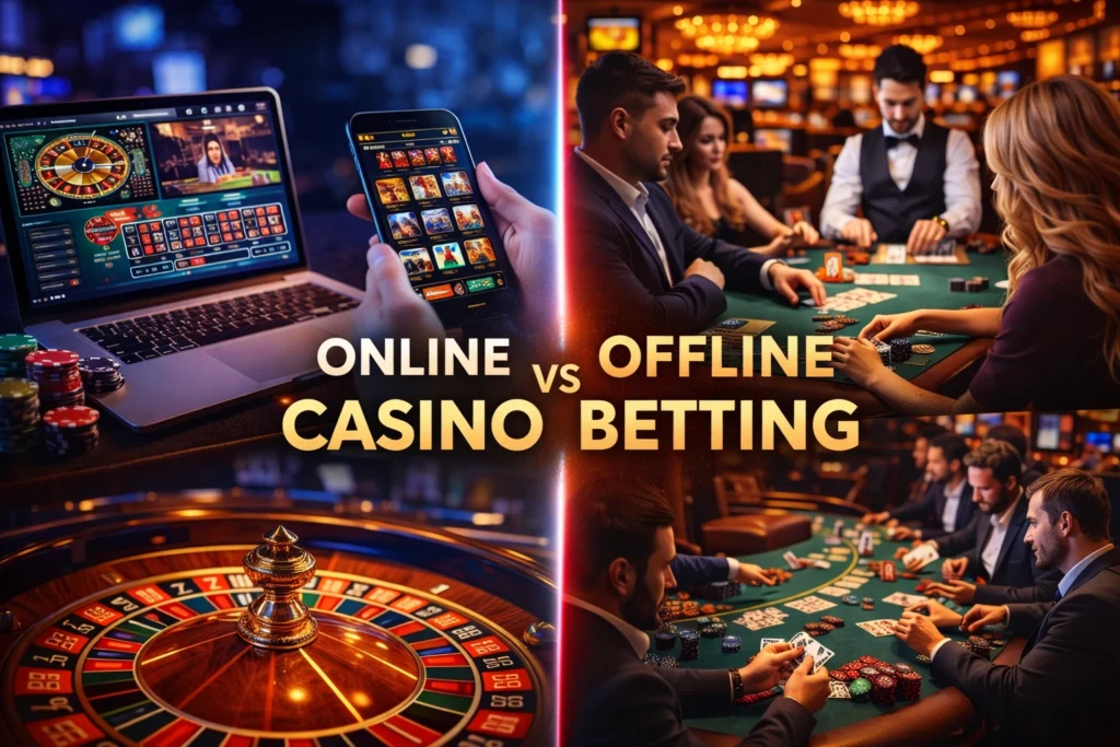 Online casino betting on laptop and mobile compared with offline casino table gameplay