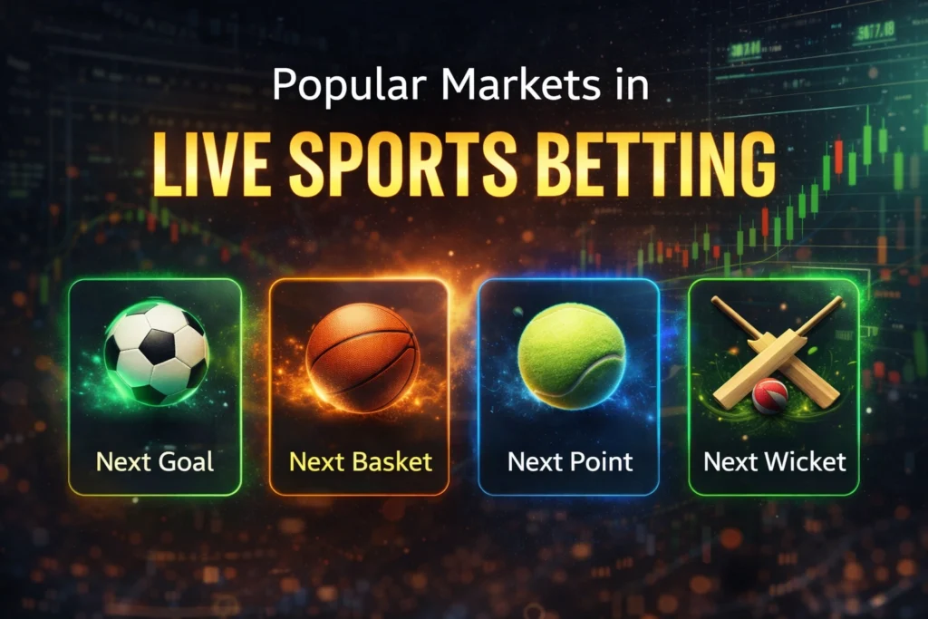 Popular markets in live sports betting including next goal, next basket, next point, and next wicket with sports icons and live odds background