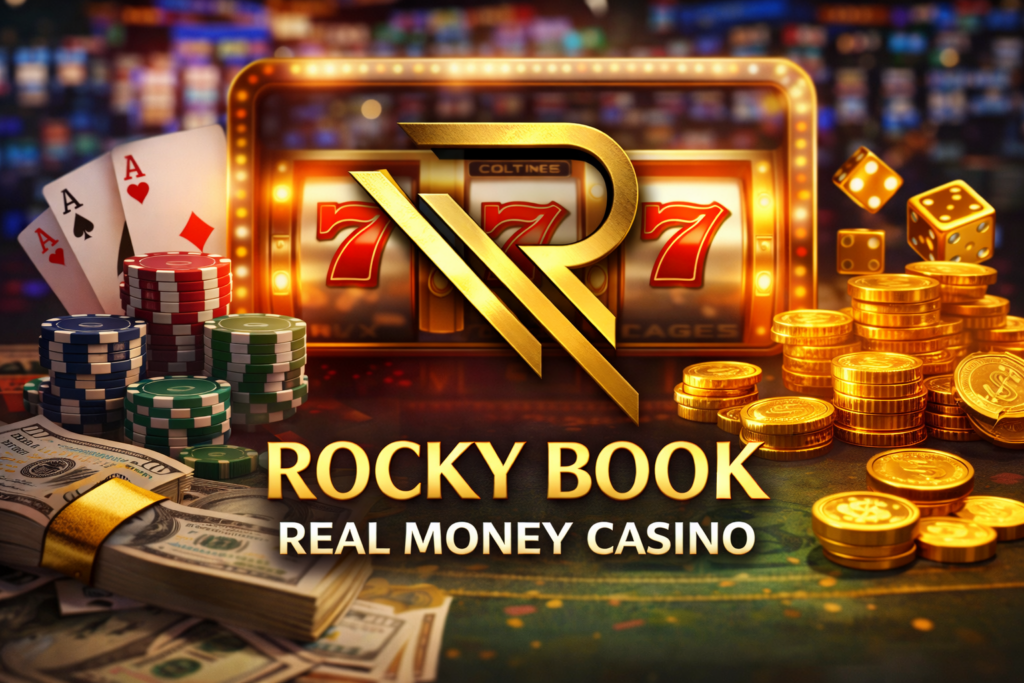 Rocky Book Real Money Casino logo with casino chips, slots, and gold coins
