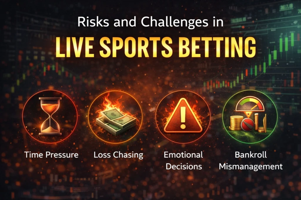 Risks and challenges in live sports betting with warning symbol, fluctuating odds charts, and real-time betting interface background
