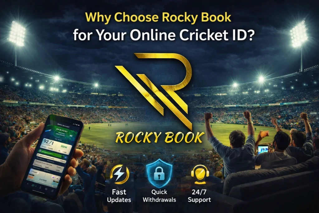 Rocky Book online cricket ID platform with stadium background and mobile app interface