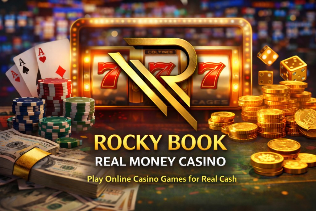 Rocky Book real money casino banner with gold logo, casino chips, slots and coins