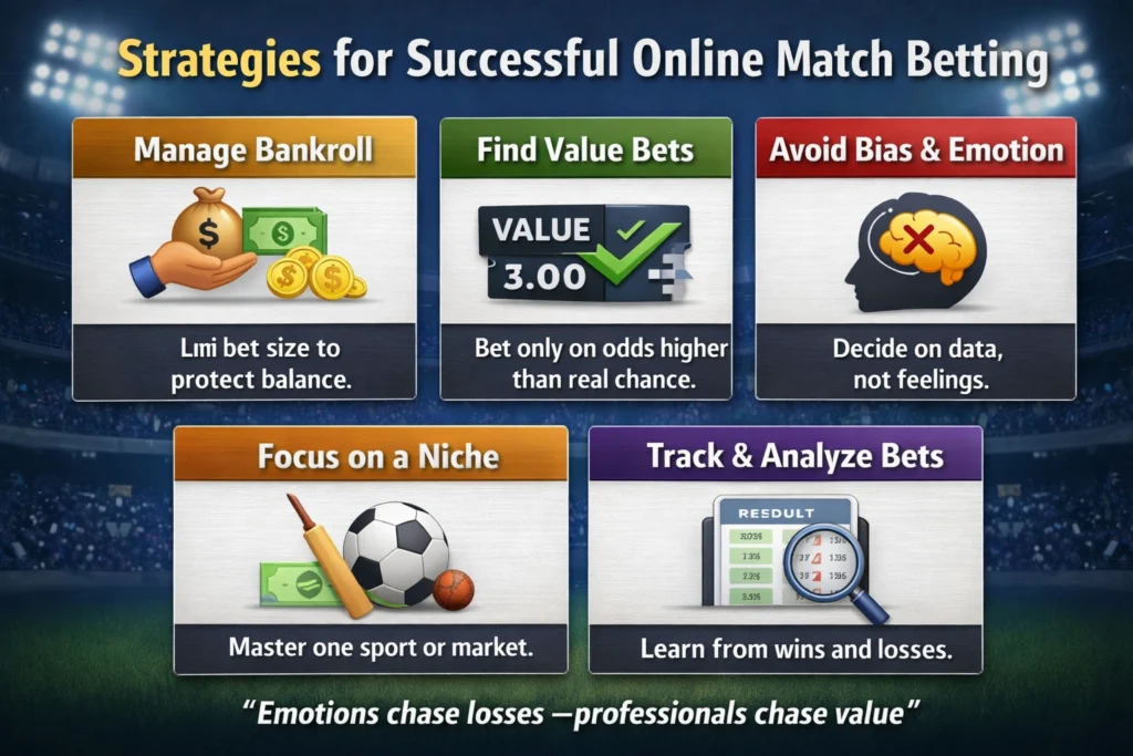Strategies for successful online match betting infographic showing bankroll management and value betting tips