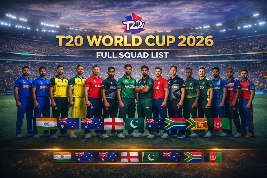 T20 World Cup 2026 squad list featuring top international cricket teams