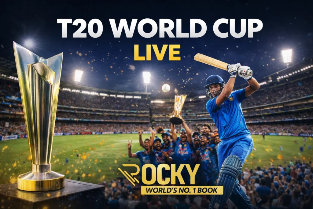 T20 World Cup Live 2026 match with trophy and stadium crowd