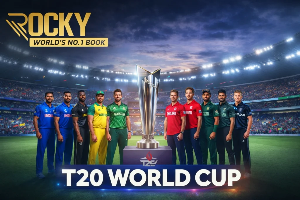 T20 World Cup Teams 2026 promotional banner with Rocky World’s No.1 Book logo