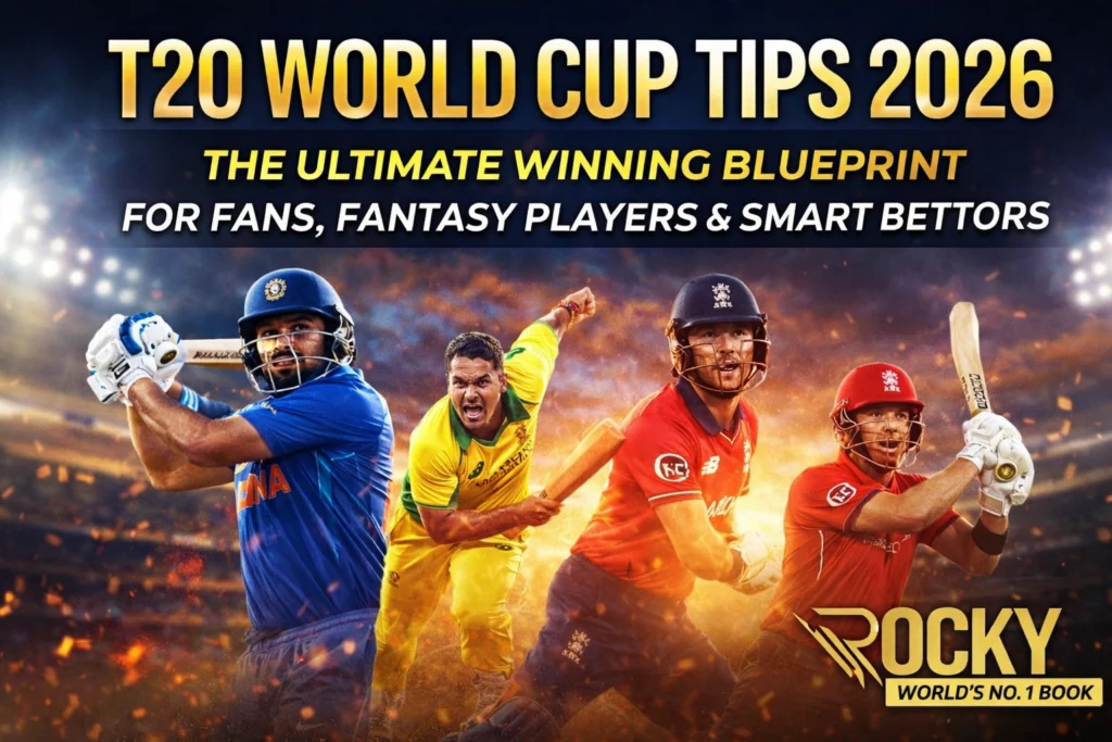 T20 World Cup Tips 2026 promotional banner with Rocky World's No 1 Book logo