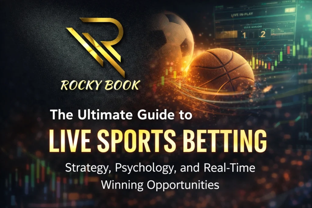 Ultimate Guide to Live Sports Betting graphic featuring Rocky Book logo with football, basketball, and live betting interface background