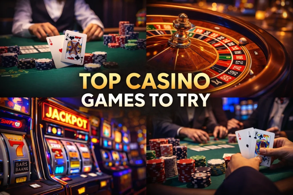 Top casino games including blackjack table, roulette wheel, slot machines and poker cards
