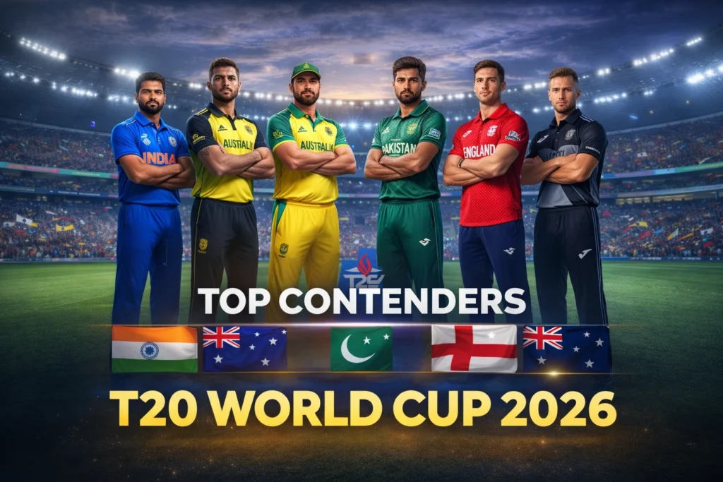 Top T20 World Cup 2026 teams competing in a stadium under lights