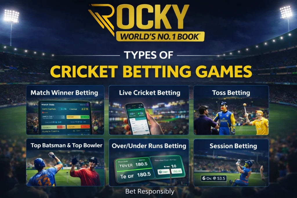 Types of cricket betting games including match winner, live betting, toss betting and session betting