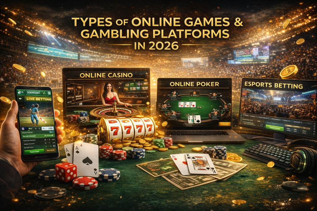 Types of Online Games and Gambling Platforms in 2026 including sports betting, online casino, poker and esports betting