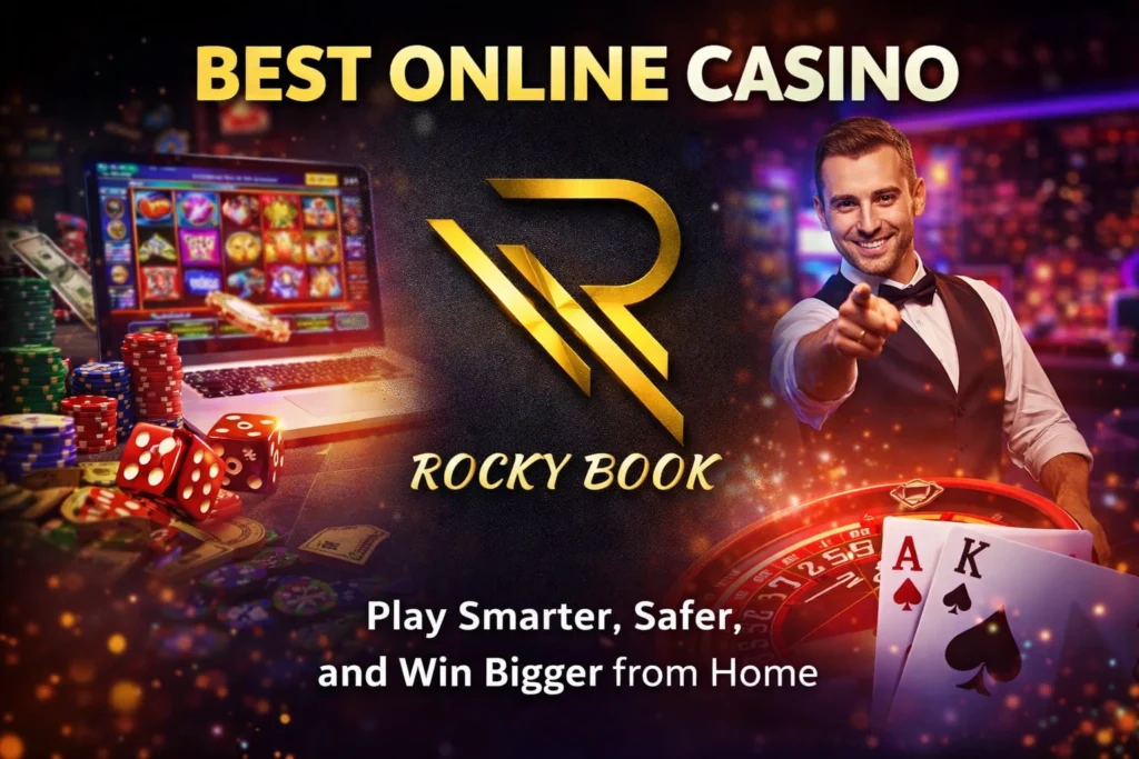 Best Online Casino Rocky Book banner with live dealer, slot games, poker chips, and bonus promotion graphics