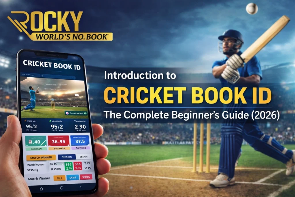 Cricket Book ID complete beginner’s guide 2026 with Rocky World’s No.1 Book logo for online cricket betting