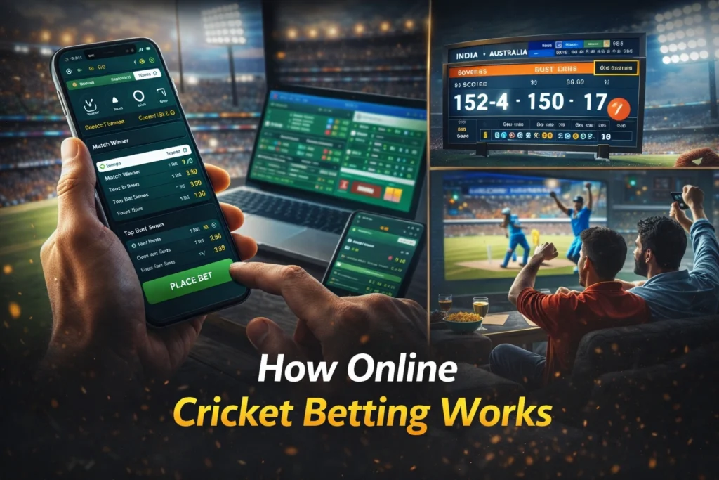 User placing live cricket bet on mobile betting app while watching cricket match and checking odds