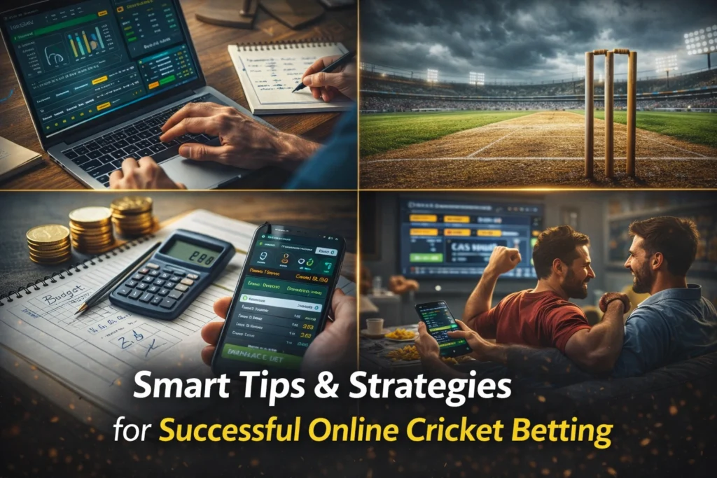 Cricket betting strategy concept showing stats analysis on laptop, budgeting money, and watching live match for smart online betting