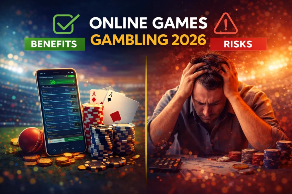 Online Games Gambling 2026 benefits and risks comparison banner showing sports betting app and casino chips on one side and gambling loss stress on the other