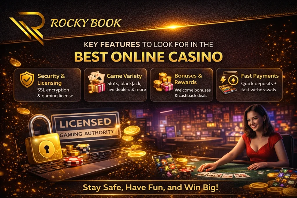 Rocky Book best online casino horizontal banner showing security, game variety, bonuses, and fast payments with live dealer and casino games

✅ Title Attribute