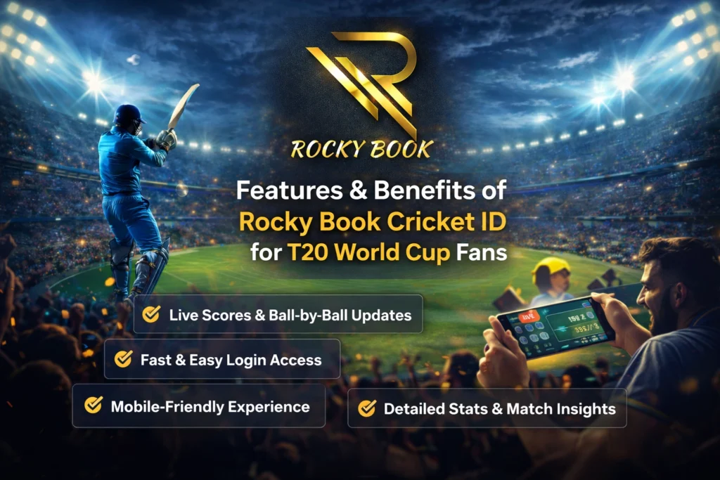 Rocky Book Cricket ID features banner showing T20 World Cup live cricket stadium with mobile live scores and online cricket platform