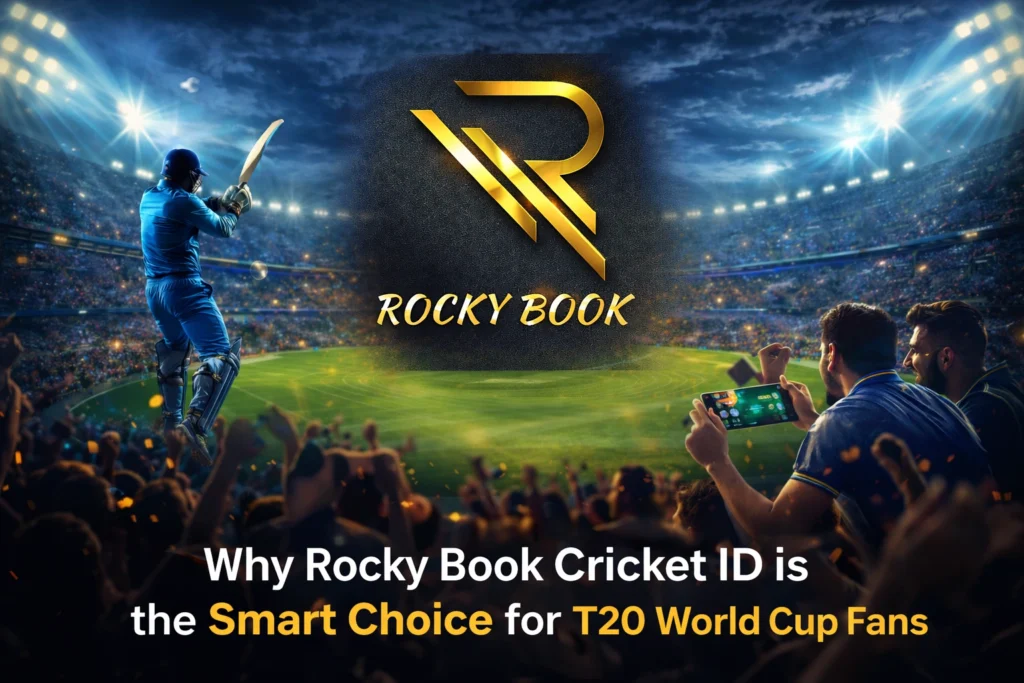 Rocky Book Cricket ID banner showing T20 World Cup live cricket match with stadium crowd and mobile live scores platform