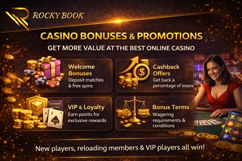 Rocky Book online casino bonuses banner showing welcome bonus, cashback offers, VIP rewards, and promotions with casino table and logo
