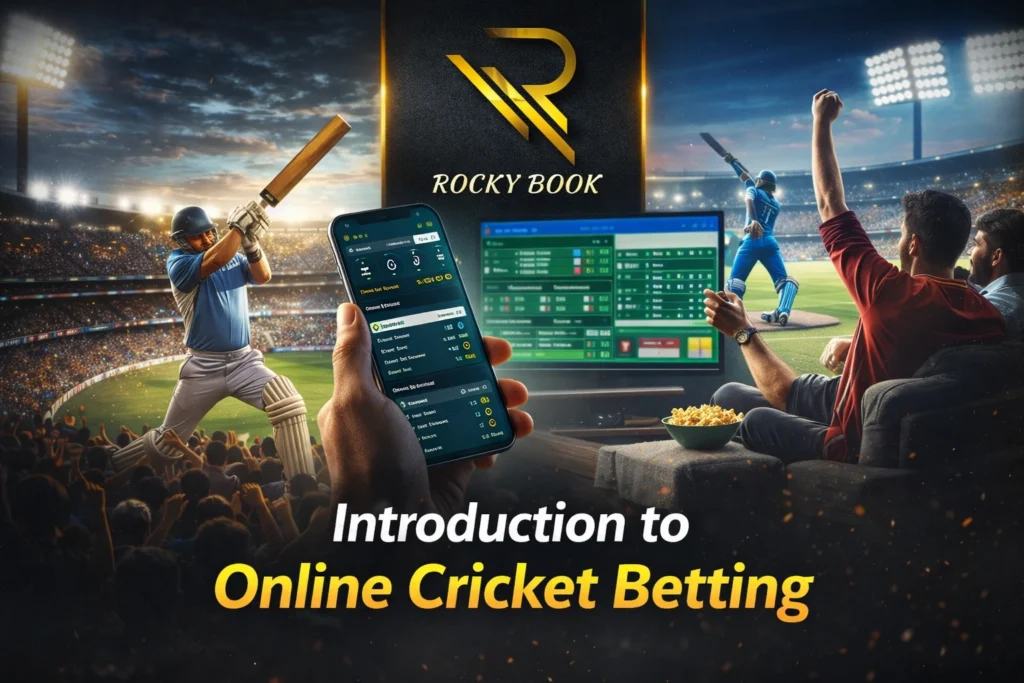 Rocky Book online cricket betting platform logo with gold R design on dark background