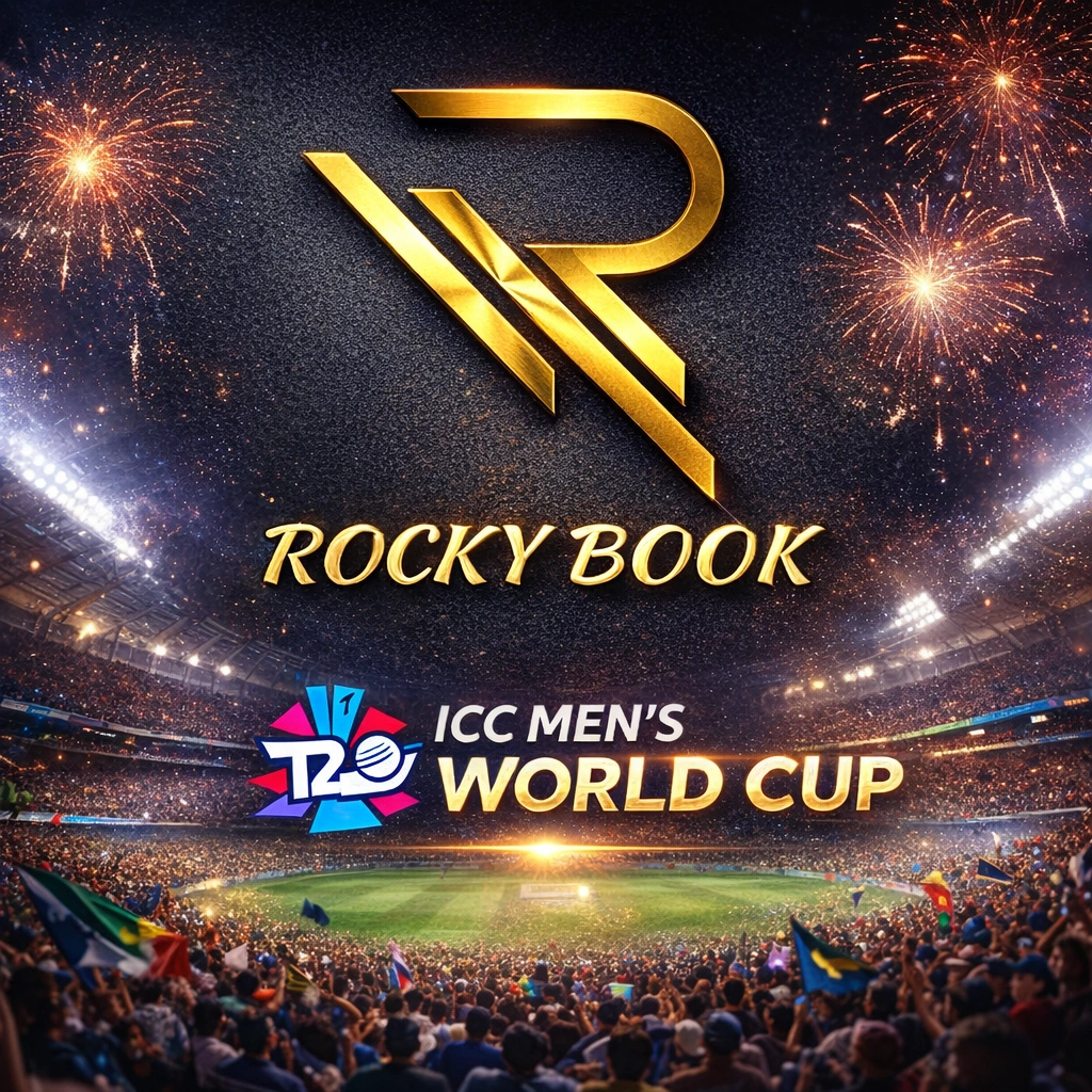 Rocky Book logo banner with ICC Men's T20 World Cup cricket stadium background and fireworks