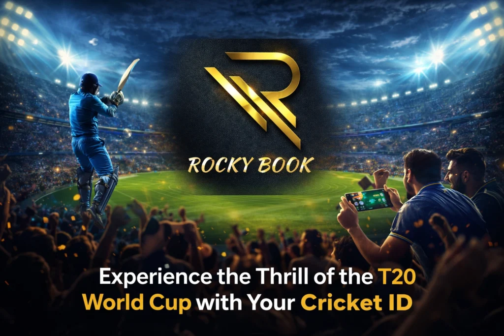 Rocky Book Cricket ID banner for T20 World Cup live scores, match updates and online cricket platform