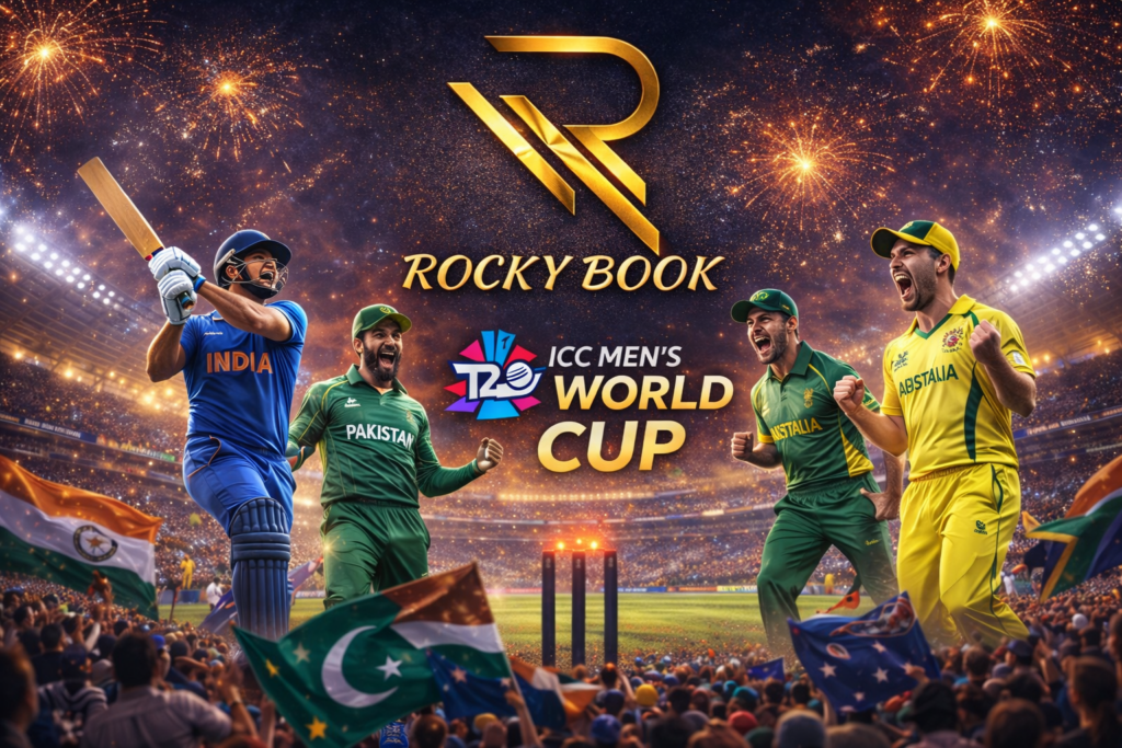Rocky Book logo banner with ICC Men's T20 World Cup cricket rivalry match in a packed stadium with players celebrating under fireworks