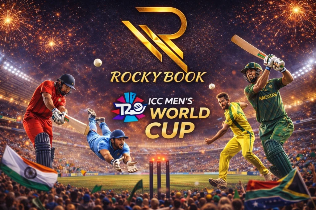 Rocky Book logo with ICC Men's T20 World Cup cricket players celebrating rising stars and match strategy in a packed stadium