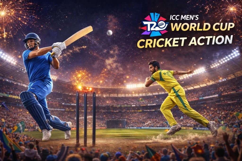 ICC Men's T20 World Cup cricket action with batsman hitting a six in a packed stadium under fireworks