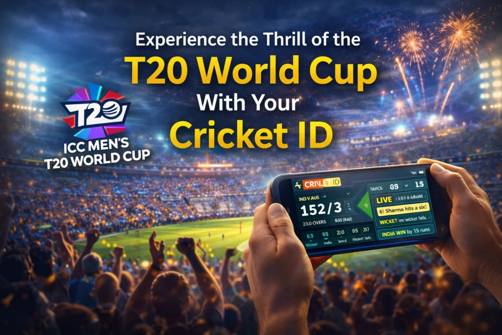 T20 World Cup Cricket ID banner showing live cricket stadium match with fans and mobile phone displaying real-time live scores