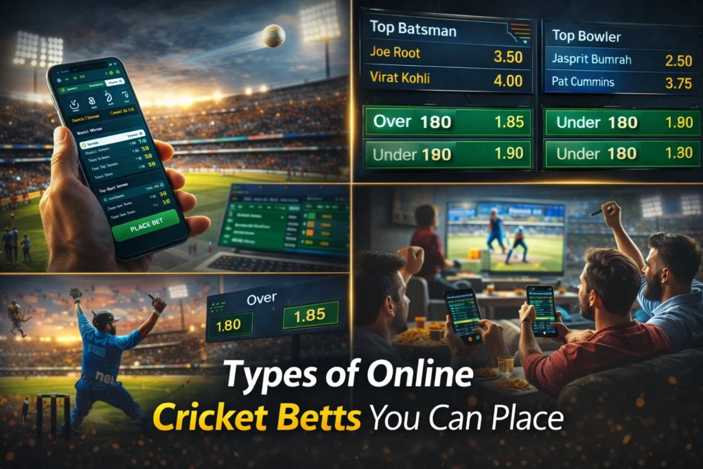 Different types of online cricket bets including match winner, live betting odds, player bets and sportsbook markets on mobile app