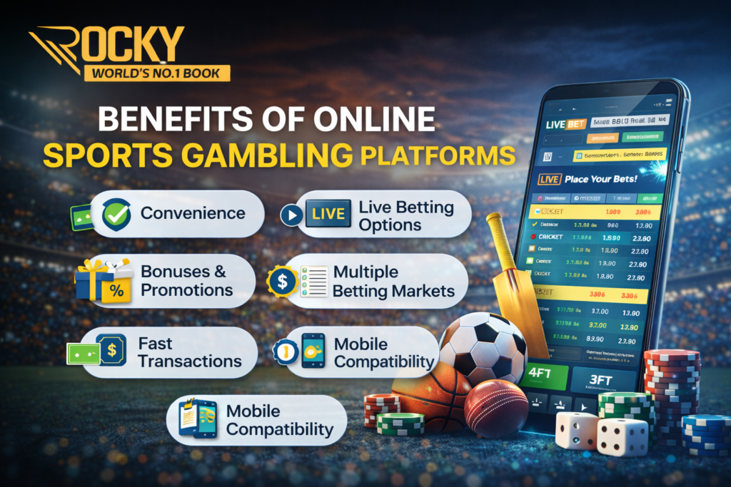 Benefits of online sports gambling platforms with Rocky World's No 1 Book betting logo