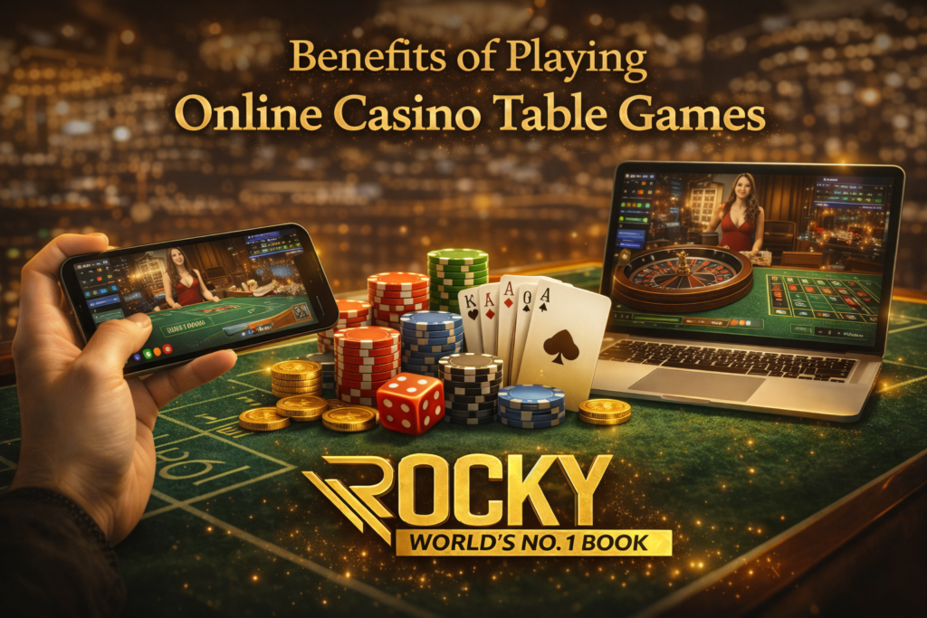 Online casino table games on mobile and laptop with blackjack cards, roulette wheel and Rocky World's No.1 Book logo