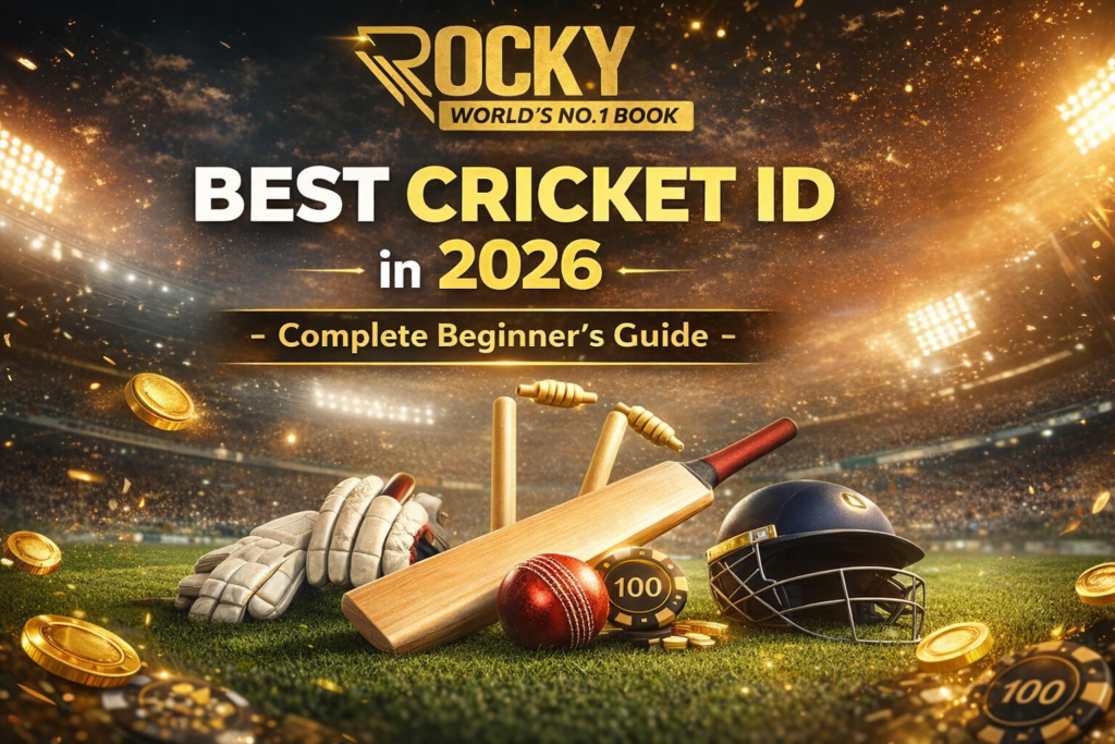 Best Cricket ID in 2026 complete beginner guide with Rocky World's No 1 Book logo and cricket betting concept